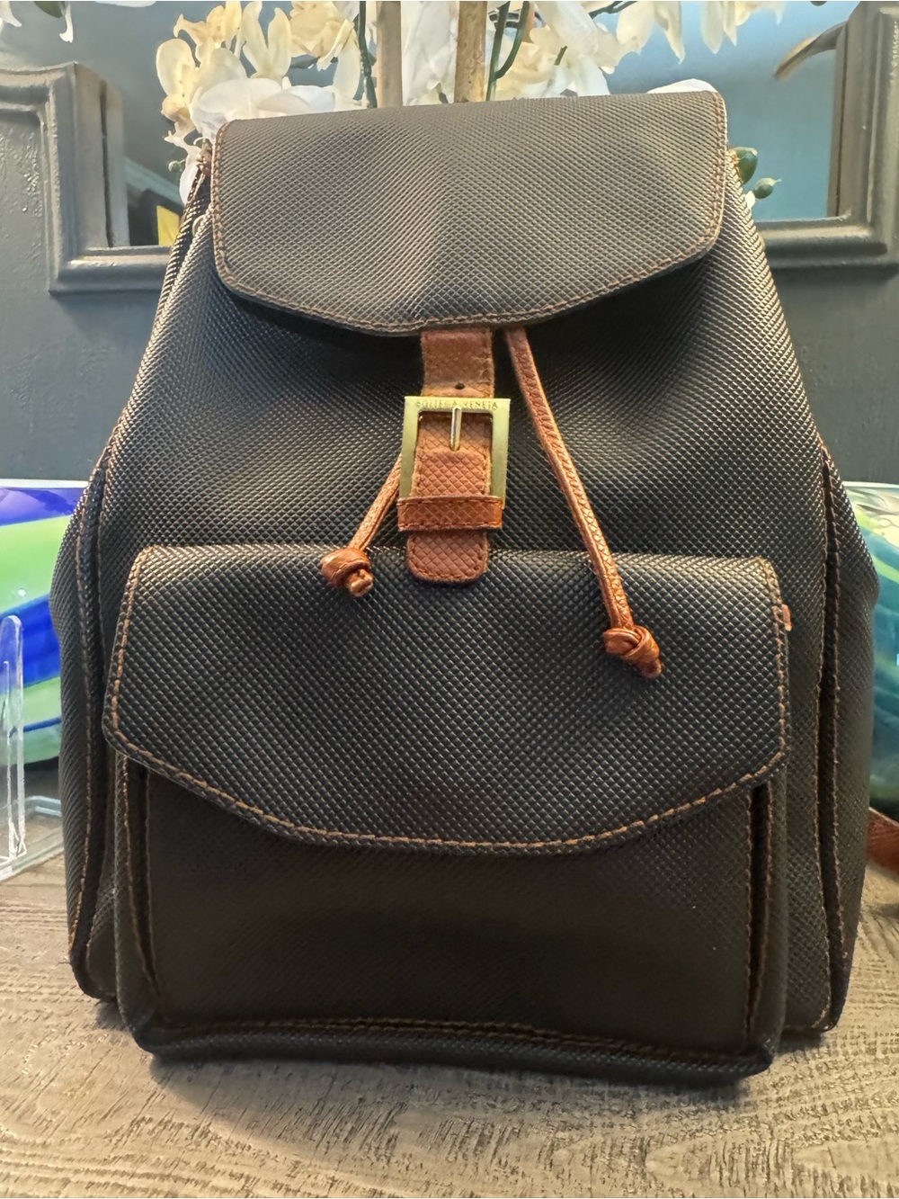 Bottega Veneta Authentic Vintage Black Marc Polo Backpack w/ Cognac Leather Trim